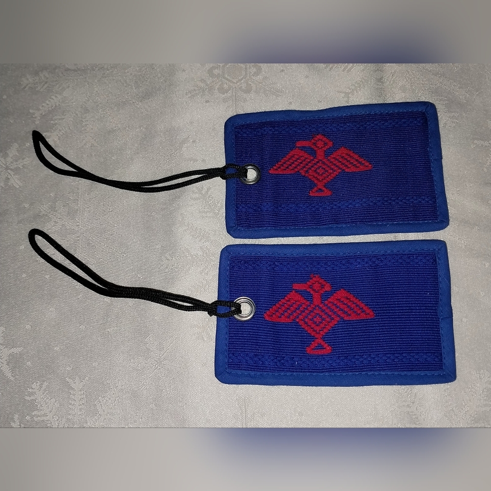 2 Embroidered luggage tags Blue with red bird